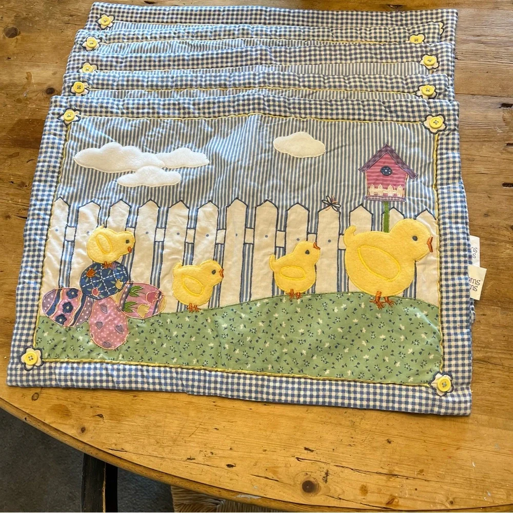 Placemats Blossoms & Blooms Springtime Easter  Appliquéd Blue Gingham Chicks